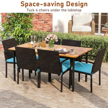Tangkula 7 Pieces Outdoor Dining Set, Patio Acacia Wood Table and PE Rattan Chairs with Soft Cushions and 2” Umbrella Hole for Deck, Garden and Backyard
