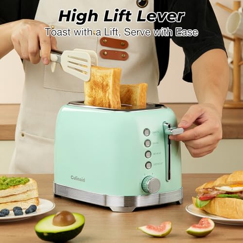 Culinaid Toaster 2 Slice Retro Stainless Steel with 1.5” Extra Wide Slots Bagel, Defrost, Reheat, Cancel Functions, 6 Bread Shade Settings, Removable Crumb Tray, Aqua Green