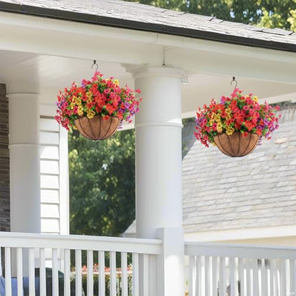 Hananona 2 Set Artificial Outdoor Flowers with Hanging Basket, 2 Hanging Planters with 24 Pcs Flowers for Spring Summer Front Porch Garden Patio Home Decor (2, Red, Purple, Yellow, Rose Red)