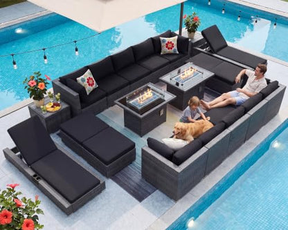 NICESOUL 20 Piece Extra Large Patio Furniture Set w/Fire Pit Table & Chaise Lounge, Modern Luxury Outdoor Group Seating w/Firepit, Comfortable 29.3" High-Back Sectional Couch Deep Seat, Dark Gray