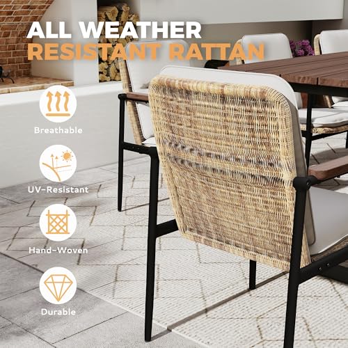 HAPPATIO Aluminum Patio Dining Chairs Set 4 Pieces, All-Weather Wicker Rattan Outdoor Dining Chairs with Wooden Armrests & Cushions, Classic Outdoor Seating for Garden, Lawn, Backyard