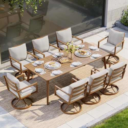 HAPPATIO Outdoor Dining Set, 9-Piece Patio Aluminum Dining Set with Wood-Like Hand-Painted Finish, 8 Swivel Rockers with Waterproof Cushions, Easy Assembly for Backyard, Garden, Porch,Grey Cushion