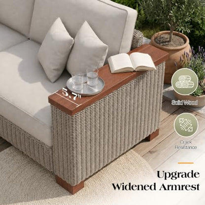 PaPaJet 6-Piece Wicker Patio Furniture Set with Solid Wood Armrest, Outdoor Patio Set with Thick Legs, UV-Resistant Modular Outdoor Sectional Sofa for Backyard, Porch, Garden
