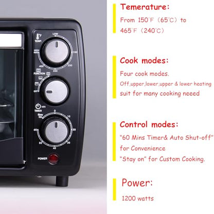 GOLUX GT12 Black Countertop Toaster Oven, 12L Compact Small Oven, 1200W, Fits 4 Slices, 4 Cooking Modes, 60-Min Timer & Adjustable Temperature, For Toast, Bake & Broil, Ideal for Apartment & Dorm