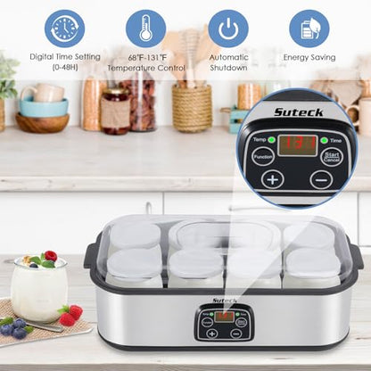 Suteck Yogurt Maker with 8 Glass Jars, Time & Temp Adjustable Control Yogurt Machine, Homemade Greek & Probiotic Yogurt, Automatic Shut-Off, BPA-Free, 48 oz Total, Black