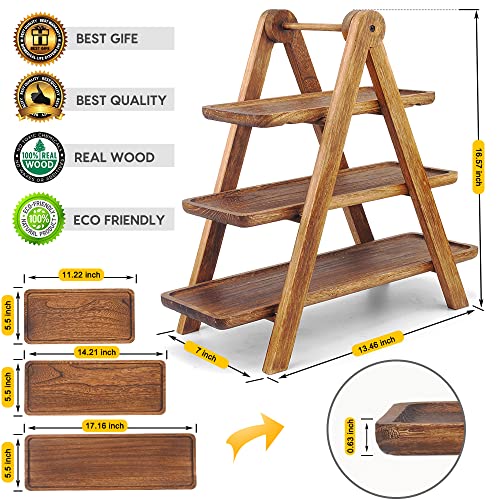 Manspdier Extra Large Wood 3 Tier Serving Tray Three Tiered Cupcake Stand, Rectangle Serving Platter Wooden Farmhouse Tiered Tray, Party Serving Brown Decorative Tray Decor