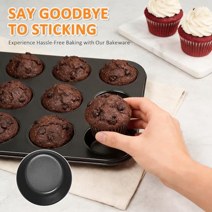 KOOMADE 10PCS Nonstick Baking Pans Set - Bakeware Sets for Cooking, Oven and Dishwasher Safe, Non Toxic, Includes Cookie Sheets for Baking, Muffin Pan, Bread Pan, Cake pan, Loaf Pan Roasting Pan Black