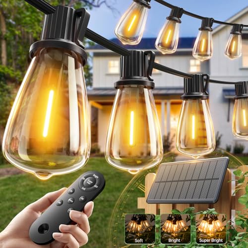 addlon 52(48+4) FT Solar String Lights Waterproof,Patio Lights Solar Powered with Remote & USB Port 16+1 LED Shatterproof Bulbs 3 Light Modes, Dimmable Solar Light for Camping Backyard Garden