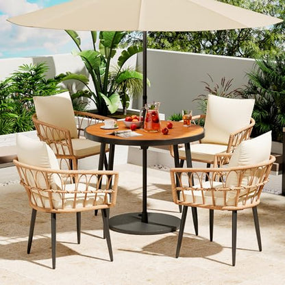 Pamapic 5-Pieces Patio Dining Set with Wood Table Top, All-Weather PE Rattan Patio Furniture Set, Outdoor Dining Furniture with Removable Cushion Chairs & Round Table for Garden Lawn Patio,Cream