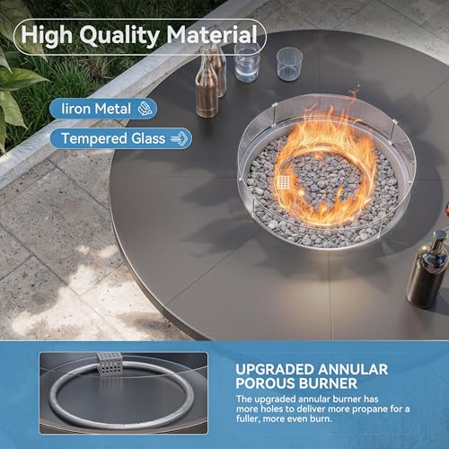 Trumbeak 7 Piece Metal Outdoor Patio Furniture Set with 48"/55000 BTU Round Fire Pit Table,Outdoor Dining Table Set 6 Swivel Chairs No-Slip Cushions and Waterproof Covers,Grey