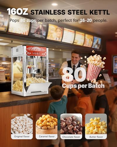 ELOMBR 16 Oz Commercial Popcorn Machine, 1440 W, Movie Theater Popcorn Machine, Red Tabletop Pop Corn Machine with 3-Switch Control & Steel Frame Tempered Glass Doors