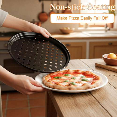 Kegeeei 4 Pcs Pizza Pan Set With Holes, Carbon Steel Perforated Non-Stick Pizza Tray For Oven Baking, 9 Inch, 10 Inch, 11 Inch, 12 Inch For Home Kitchen Restaurant, Black