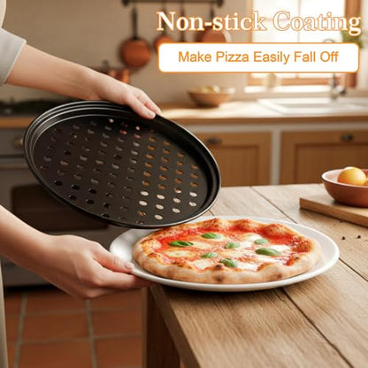 Kegeeei 4 Pcs Pizza Pan Set With Holes, Carbon Steel Perforated Non-Stick Pizza Tray For Oven Baking, 9 Inch, 10 Inch, 11 Inch, 12 Inch For Home Kitchen Restaurant, Black