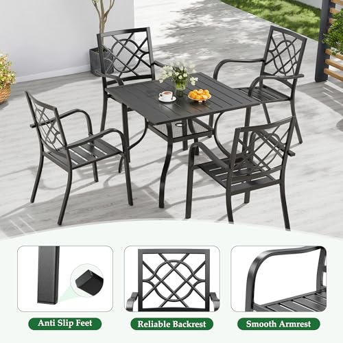 Oakcloud 5-Piece Patio Dining Set, Outdoor Metal Furniture Dining Table Set 4 Stackable Patio Dining Chairs and Square Dining Table with Umbrella Hole, Black