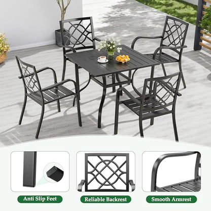 Oakcloud 5-Piece Patio Dining Set, Outdoor Metal Furniture Dining Table Set 4 Stackable Patio Dining Chairs and Square Dining Table with Umbrella Hole, Black