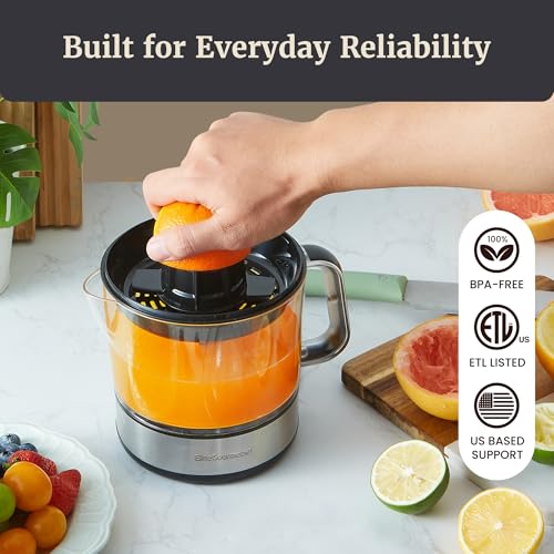 Elite Gourmet ETS623 BPA-Free 40-Watt Electric Citrus Juicer, Compact, Large Volume, Pulp Control, Oranges, Lemons, Limes, Grapefruits with Easy Pour Spout, 24oz, Black/Stainless Steel