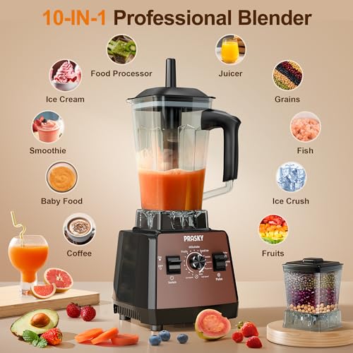 Blenders for Kitchen, Smoothie Blender, 2400W/1000W Prasky Blender & Grinder Combo, 25,000 RPM High Speed, 68oz BPA-Free Food Processor, Countertop Blender for Smoothies, Shakes & Food (Brown,2L)