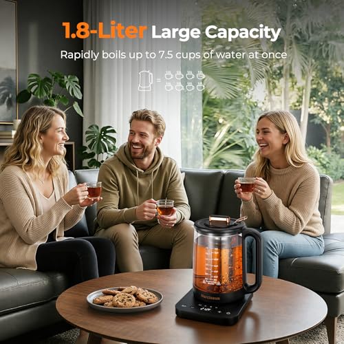 Narcissus Electric Kettle Temperature Control ±5℉, 1.8L Glass Electric Tea Kettle with Removable Infuser for Flowers & Fruit Tea, 1200W Fast Boiling, 6 Hours Keep Warming, Black