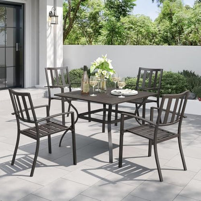 PHI VILLA 5 Piece Outdoor Table and Chairs, Patio Dining Set for 4,37" Black Square Metal Table and Stackable Wrought Iron Chairs with Umbrella Hole for Patio, Deck, Porch, Backyard