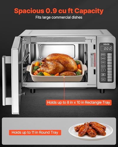 VEVOR Commercial Microwave Oven, 0.9 Cu Ft, 1000W Digital Stainless Steel Countertop Microwave Oven with Touchscreen, 10 Cooking Presets, 5 Power Levels, Multi-Lock Door & Easy Clean for Restaurants