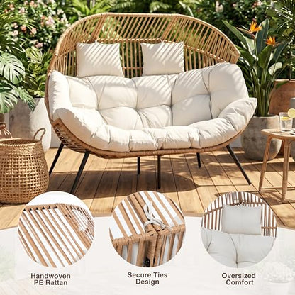 JAMFLY Double Egg Chair Wicker Outdoor Chairs, 2 Person Oversized Patio Loveseat Lounge Chair with Cushion, Indoor Living Room Bedroom Outside Patio Backyard Balcony Leisure Chair, Creamy White