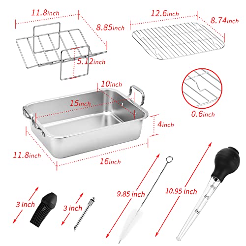 15 Inch Stainless Steel Roasting Pan with V-Shaped Rack and Turkey Baster - Rectangular Roaster for Turkey, Chicken, Vegetables - Fits 20lb Turkey