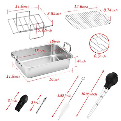 15 Inch Stainless Steel Roasting Pan with V-Shaped Rack and Turkey Baster - Rectangular Roaster for Turkey, Chicken, Vegetables - Fits 20lb Turkey