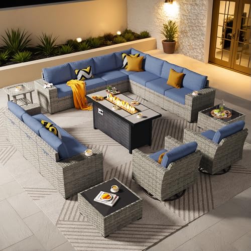 ovios 16 Pieces Patio Furniture Set, Outdoor Wicker Sectional Sofa Couch with 54" Fire Pit Table Swivel Chairs, Modern Modular Deep Seat Rattan Conversation Sets, Denim Blue