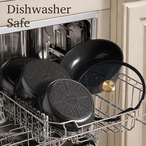 CAROTE 15Pcs Ceramic Cookware Set, Pots and Pans Set Non stick, Kitchen Cooking Set with Detachable Handle, Non Toxic Induction Cookware, Dishwasher/Oven Safe, PFAS Free, Black&Gold