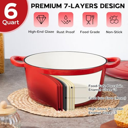Onader Dutch Oven Pot with Lid, 6 QT Enameled Cast Iron Round Dutch Oven for Bread Baking, Heavy Duty Cast Iron Pot - Red