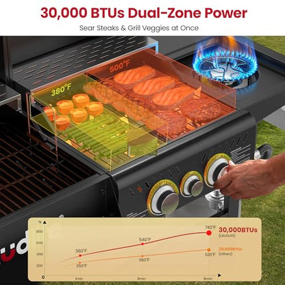 LAUDLIFE Gas and Charcoal Grill Combo with Side Burner, 3 Burners Propane BBQ Grill, 748 SQ.IN Cooking Space, Non-Stick Enamel Coating Grates, Heavy-Duty Stand for Backyard & Outdoor Barbecue
