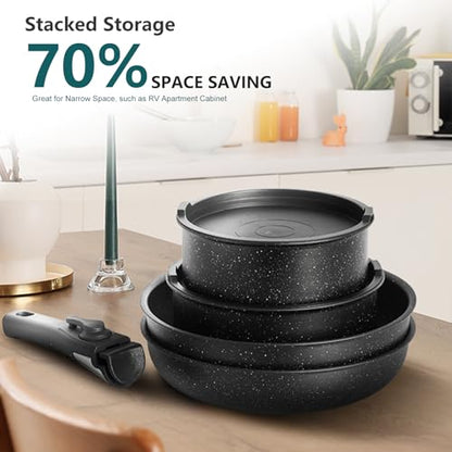 NEWBULIG 12-Piece Nonstick Kitchen Cookware Set, Pots and Pans with Detachable Handle, Induction Compatible, Dishwasher & Oven Safe, Space-Saving, Black
