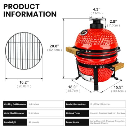 Upgraded 13 inch Ceramic Kamado Grill with Waterproof Air Vent Cap | Portable Tabletop Charcoal BBQ Grill Smoker for Outdoor Cooking, Patio, Camping | Red
