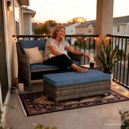 OC Orange-Casual Wicker Patio Loveseat w/Storage Ottoman, 2 Pcs, Navy Blue