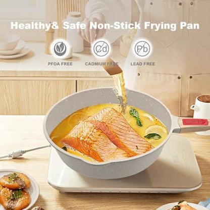 AIKENBBKK 12 Inch Nonstick Deep Frying Pan Skillet with Lid, 5 QT Saute Pan, Non Stick Frying Pans, Compatible with All Stovetops, Detachable Handle, Oven Safe, PFOA PFOS Free