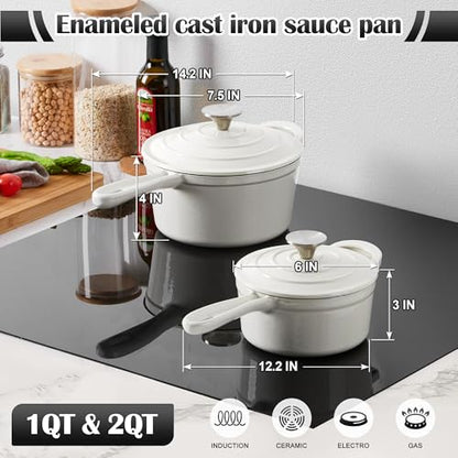 E-far Sauce Pan Set with Lid, 1Qt & 2Qt Enameled Cast Iron Pot Sets for Kitchen Cooking, Small Heavy Duty Dutch Oven Saucepans & Self-basting Lids, Induction-Ready & Easy Clean, White