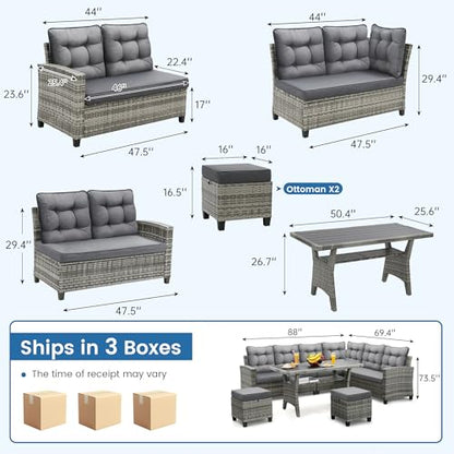 KROFEM 6-Piece Patio Furniture Set, Outdoor Sectional Sofa with Dining Table & Chairs, All-Weather Dining Set with Removable Cushion Covers, Ideal for Garden, Porch, Backyard, Grey