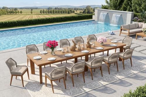 PURPLE LEAF 13 Pieces Patio Dining Set with Cushion and Backrest, Deep Teak