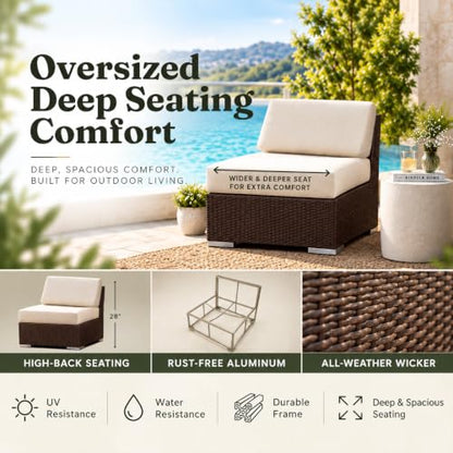 Fully Assembled Sunbrella Taupe Sectional 11 Piece Ohana Outdoor Patio Furniture Black Wicker Conversation Oversize Set with 42-inch Propane Gas Fire Table