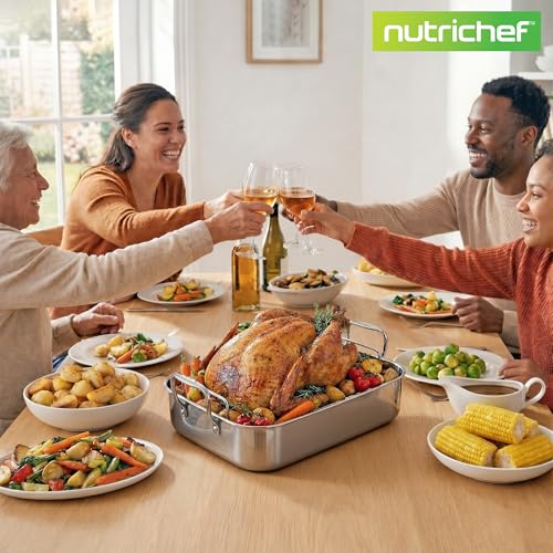 NutriChef Premium Stainless Steel Roasting Pan with Rack – Heavy‑Duty 14″ Turkey Roasting Pan for Turkey, Chicken & Meats (Wide Handles, Dishwasher Safe)