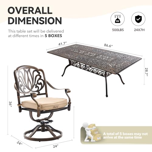 Ailismail 𝟗 𝐏𝐢𝐞𝐜𝐞 Outdoor Dining Set Cast Aluminum Furniture Set, Retro Patio Dining Set for 8 Includes 86.6’’ Table & 6 Swivel Chairs with Cushion and Umbrella Hole for Patio Deck Poolside