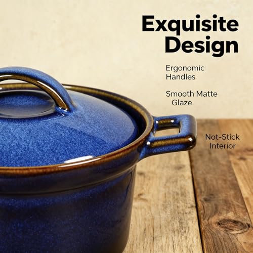 dingdaer Mini Cocotte Set, Small Casserole Dishes with Lids & Handle, 16.9 OZ Ceramic Mini Dutch Oven Set of 2, Individual Baking Ramekins for Lasagna, Soufflé, Soup Tureen, Oven, Microwave Safe, Blue