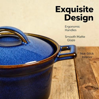 dingdaer Mini Cocotte Set, Small Casserole Dishes with Lids & Handle, 16.9 OZ Ceramic Mini Dutch Oven Set of 2, Individual Baking Ramekins for Lasagna, Soufflé, Soup Tureen, Oven, Microwave Safe, Blue
