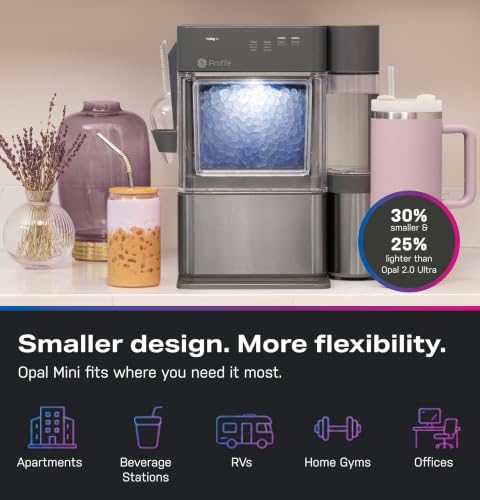 GE Profile Opal MINI PRO Nugget Ice Maker w/Side Tank, Portable Countertop Pebble Ice Machine, 36 lbs/Day, Top Fill, 6 Pack Descaler & Scoop, Stainless Steel