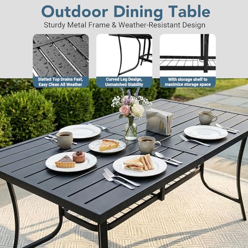 VOYSIGN 5 Piece Outdoor Patio Dining Sets, 60" Rectangular Metal Dining Table with Umbrella Hole & 4 Stackable Metal Chairs, Weather Resistant Garden Furniture Set for Backyard, Deck, Porch