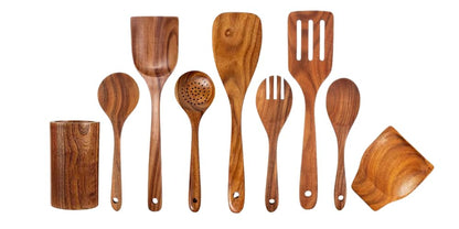 9 Pics Teak Wood Utensil Set-Wooden Cooking Spoon for Cooking-Wooden Spatula with Utensils Rest and Holder Cooking Utensils Set Non Toxic-Wood Spatula for Cooking