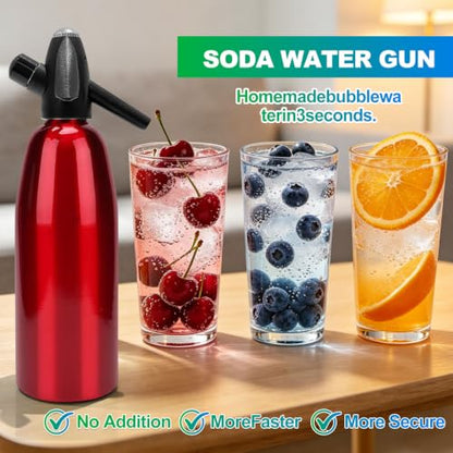 Soda Siphon, 1L Portable Seltzer Maker - Retro-Style Sparkling Water Machine for Homemade Carbonated Drinks, Juices & Cocktails, Uses 8g CO2 Cartridges (Cartridges Not Included) - (Red)