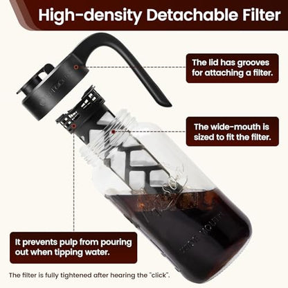 Spreccio Cold Brew Coffee Maker Glass, Airtight & Leakproof Mason Jar Pitcher with Cold Brew Filter, 64 oz Glass Pitcher with Lid for Iced Coffee, Lemonade, Ice Tea