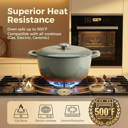 WOKINS 7QT Enamel Cast Iron Dutch Oven with Lid,Dual Handles,Versatile Heavy-Duty Non-toxic Cookware for Sourdough Bread Baking,Braising,Stews,Roasting,Oven Safe up to 500°F green