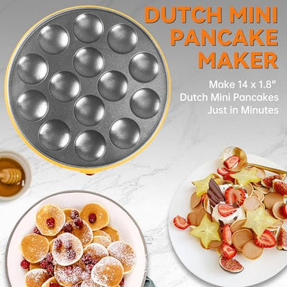 Baker's Friend Mini Pancakes Maker Machine, Dutch Mini Pancake Griddle, 14 Holes Electric Poffertjes Pan, Ideal for Breakfast, Snacks, Desserts & More, Yellow